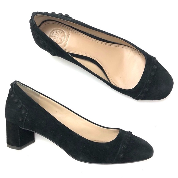 Tory Burch black suede leather stud Colt low block heels pumps 7 chunky slip-on - Picture 4 of 16